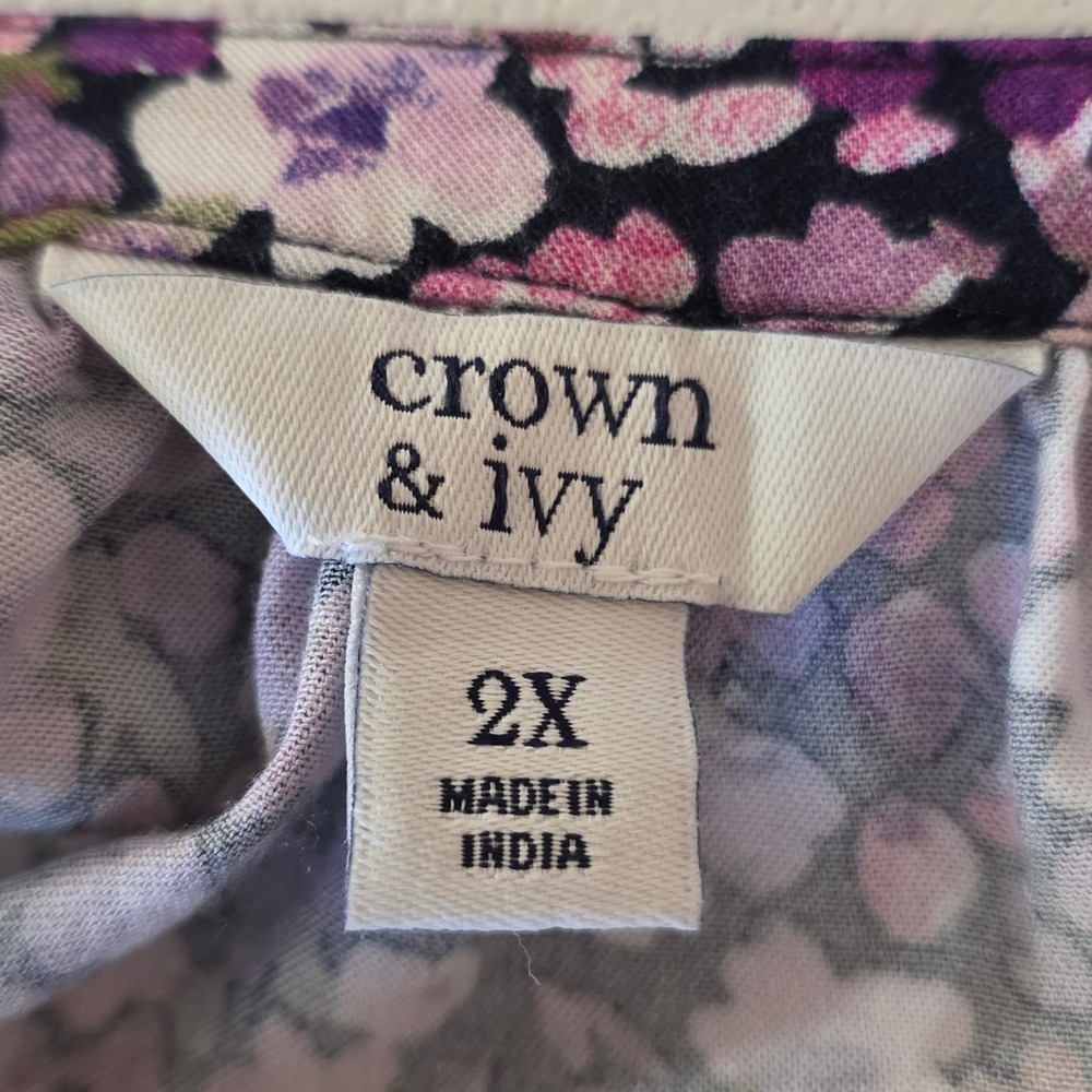 Crown & Ivy Peasant Top Women 2X Purple Floral Long Sleeve Tassel Boho Blouse - Picture 10 of 11